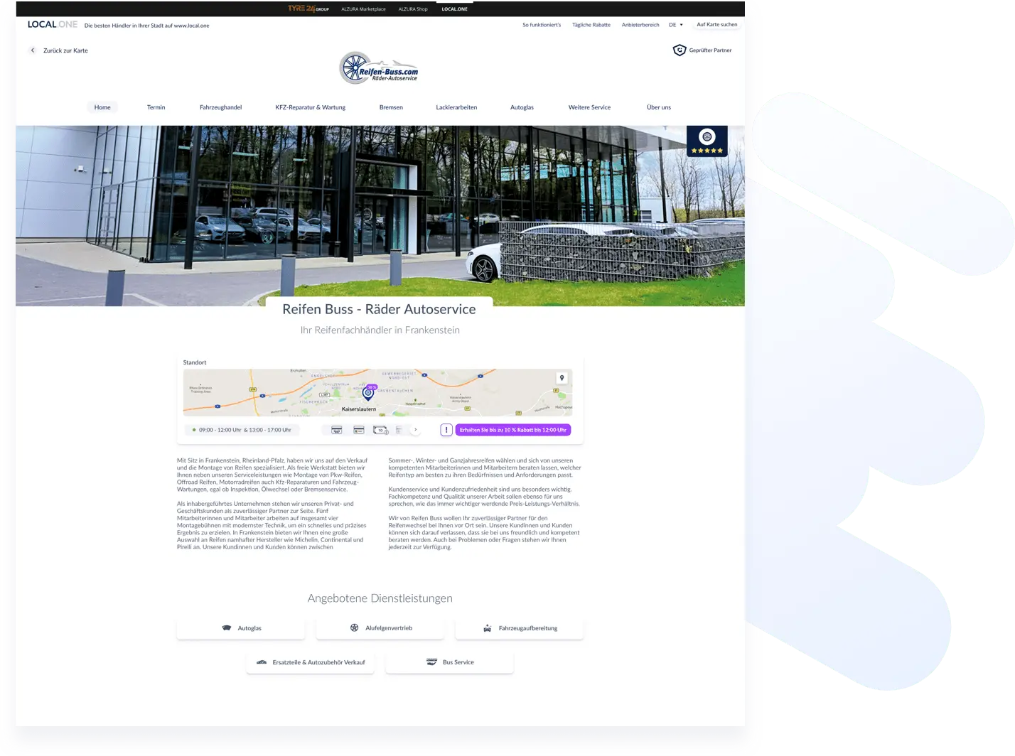 Una sezione del sito web di un rivenditore mostra le informazioni rilevanti del rivenditore, come una piccola mappa con l'indicatore di posizione, gli orari di apertura, i metodi di pagamento, gli sconti disponibili, un testo informativo e un elenco dei servizi offerti.