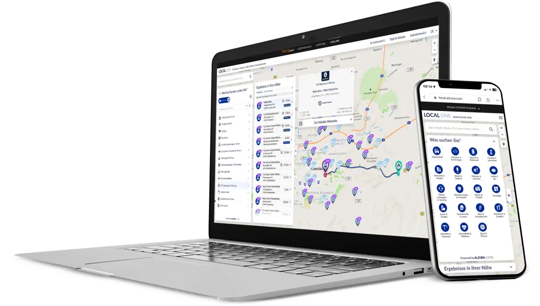 Anteprima dell'app LOCAL.ONE su un computer portatile e su uno smartphone che mostra le opzioni di filtro