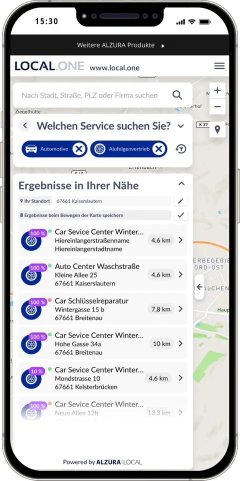 Un smartphone muestra los filtros de sector y servicio seleccionados en el paso 2. Debajo se muestra una lista de los minoristas que coinciden con estos filtros.