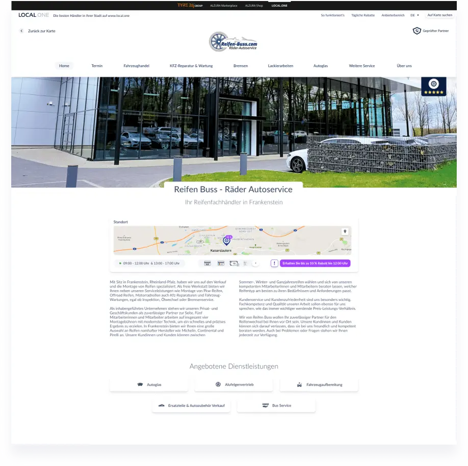 Una sección del sitio web de un minorista muestra información relevante del minorista, como un pequeño mapa con su marcador de ubicación, horarios de apertura, métodos de pago, descuentos disponibles, un texto informativo y una lista de servicios ofrecidos.