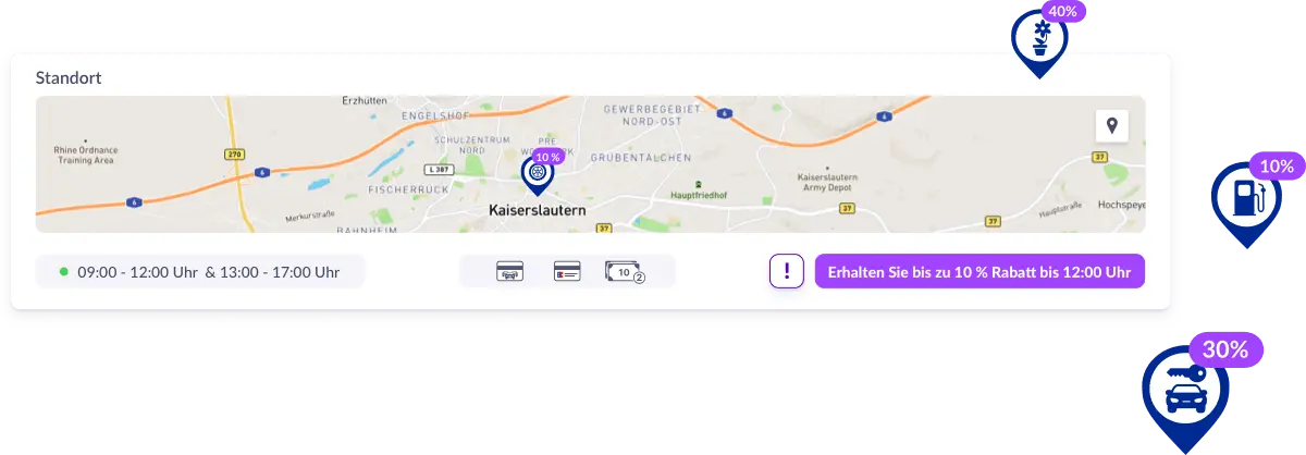 Una vista detallada muestra información relevante del comercio, incluido un pequeño mapa con un marcador de ubicación, horarios de apertura, métodos de pago y una indicación de un descuento por tiempo limitado. A la derecha de la vista detallada hay varios marcadores de ubicación con información sobre descuentos.
